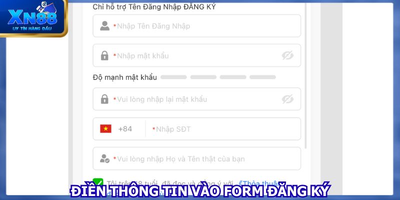 Hội viên điền thông tin chi tiết vào form đăng ký XN88